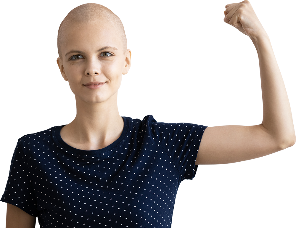 Cancer Patient with shaved head flexing