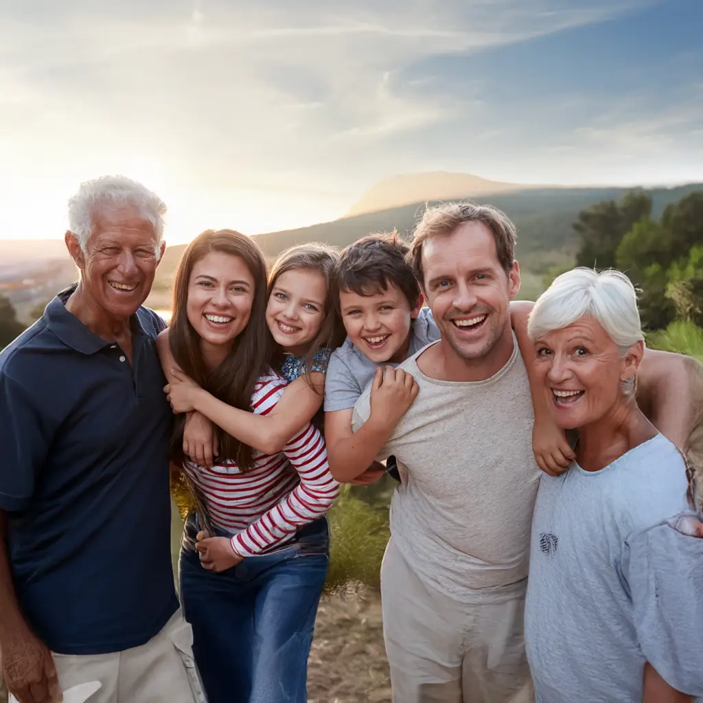 Multi generational family in a field smiling